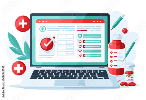 Digital Health Management Concept with Laptop Displaying Medical Information and Healthcare Icons