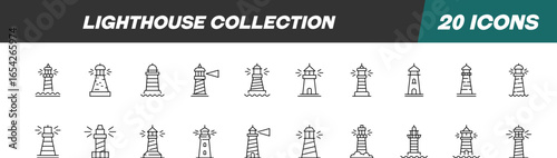 Collection of Icons of Lighthouse for Shops and Stores. Suitable for books, stores, shops. Editable stroke in minimalistic outline style. Symbol for design