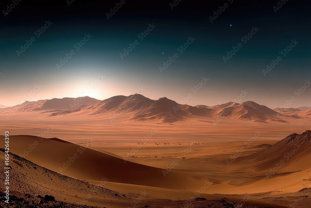 Fototapeta premium Martian landscape panorama. Sunrise over dusty mountains