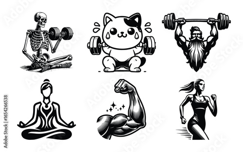 Vector art of diverse fitness and wellness icons featuring a skeleton lifting weights, a cute cat with dumbbells, a bearded man with a barbell, a meditating figure, a flexing arm, and a running woman