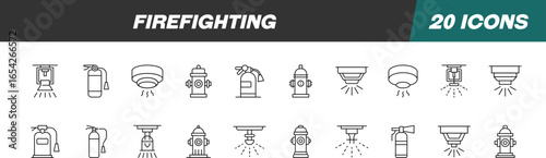 Collection of Signs of Firefighting. Suitable for books, stores, shops. Editable stroke in minimalistic outline style. Symbol for design