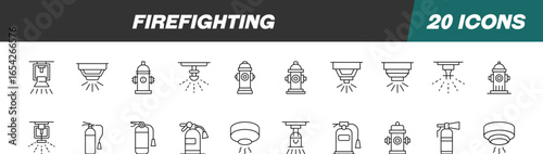 Collection of icons of Firefighting for Advertisement. Suitable for books, stores, shops. Editable stroke in minimalistic outline style. Symbol for design