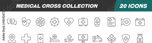 Collection of icons of Medical Cross for Advertisement. Suitable for books, stores, shops. Editable stroke in minimalistic outline style. Symbol for design