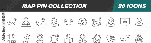 Signs of Map Pin for Shops and Stores. Suitable for books, stores, shops. Editable stroke in minimalistic outline style. Symbol for design