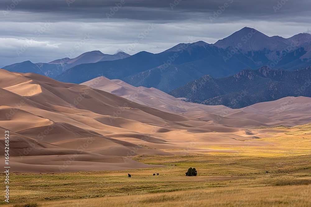 Obraz premium Vast sand dunes meet a mountain range under a dramatic sky