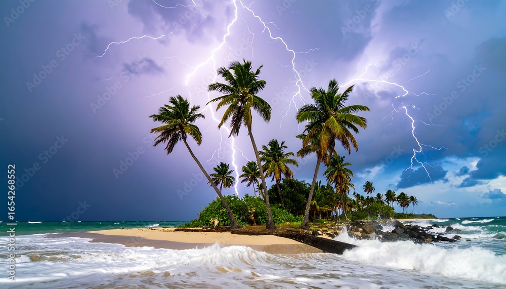 Fototapeta premium Tropical storm. Lightning strikes palm trees