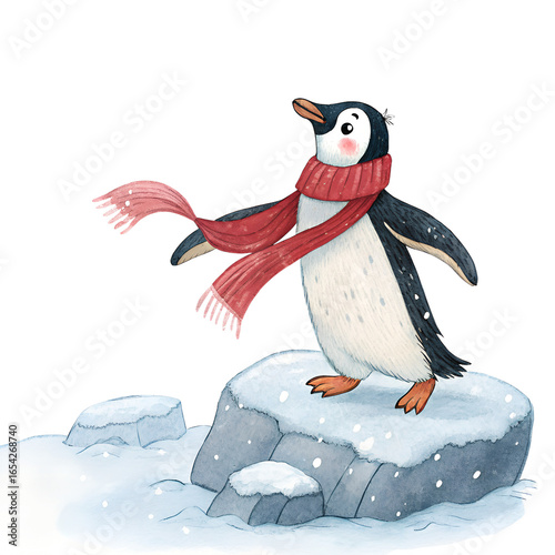 Cute watercolour penguin with a red scarf on ice.

