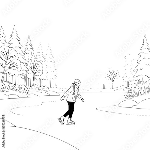Girl ice skating on a frozen lake surrounded by trees in a winter landscape illustration