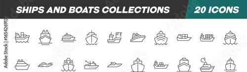 Collection of icons of Ships for Advertisement. Suitable for books, stores, shops. Editable stroke in minimalistic outline style. Symbol for design