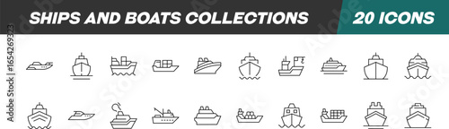 Collection of Signs of Ships. Suitable for books, stores, shops. Editable stroke in minimalistic outline style. Symbol for design