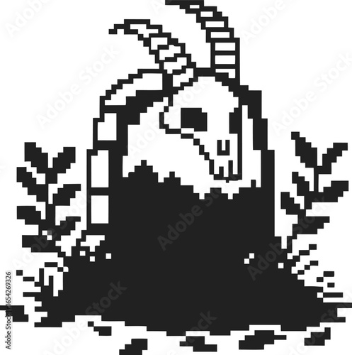 pixel art goat skull resting on soil with plants retro 8 bit graphic, black and white design, ancient mystic symbol