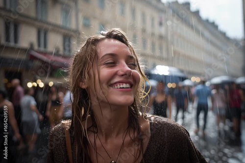 woman in the streets of Marseille in a downpour of rain soaked because she was hit on the head by a splash of water, hair stuck to her face and smiling