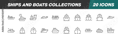 Line Signs of Ships for Adverts. Suitable for books, stores, shops. Editable stroke in minimalistic outline style. Symbol for design