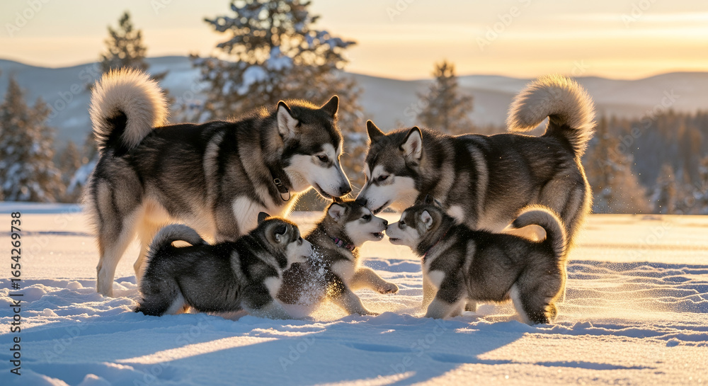 Naklejka premium Alaskan Malamute family with puppies playing together in the snow, warm golden sunset light