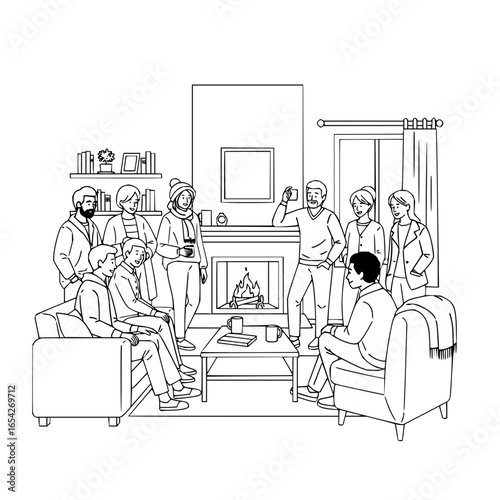 Group of people gathered indoors around a fireplace in a living room with furniture and decorations