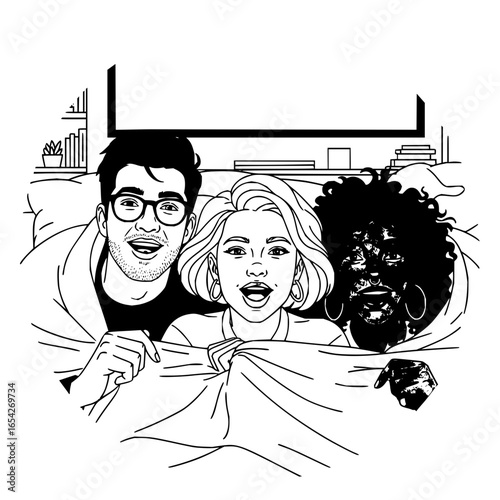 Three friends watching television together under a blanket in a living room setting at home
