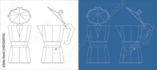 Moka pot coffee maker blueprint technical drawing side and front view
