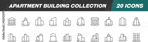 Collection of Icons of Apartment Building for Shops and Stores. Suitable for books, stores, shops. Editable stroke in minimalistic outline style. Symbol for design