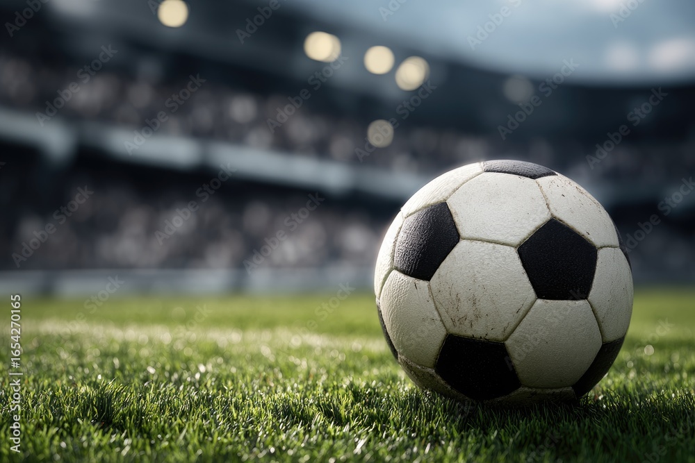 Fototapeta premium Soccer ball on grassy field, stadium background