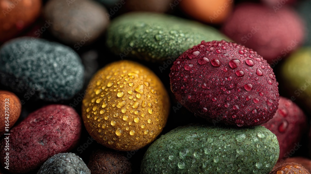 Close-up of colorful stones with water droplets Close-up of colorful stones with water droplets