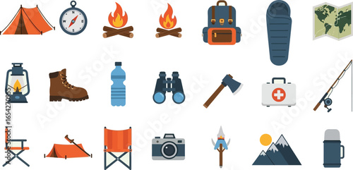 Illustration of camping gear including tent compass and hiking equipment