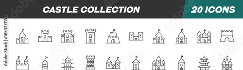 Collection of Line Signs of Castle. Suitable for books, stores, shops. Editable stroke in minimalistic outline style. Symbol for design