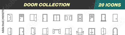 Collection of Line Icons of Doors for Adverts. Suitable for books, stores, shops. Editable stroke in minimalistic outline style. Symbol for design