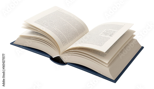 Realistic open hardcover book with shadow, perspective view.