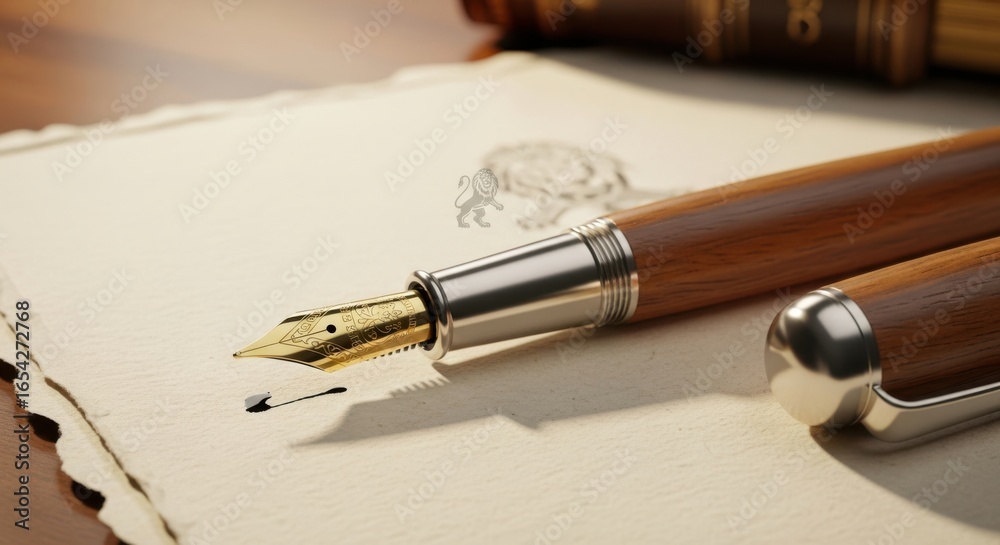 Fototapeta premium Elegant wooden fountain pen resting on aged paper with ink splatters
