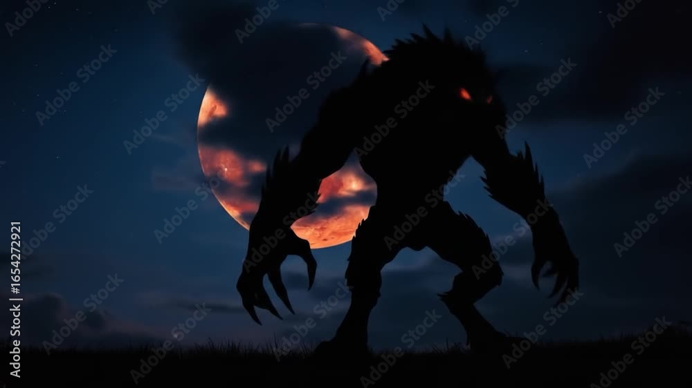 Silhouette of a menacing creature against a blood-red moon at night. Silhouette of a menacing creature against a blood-red moon at night.