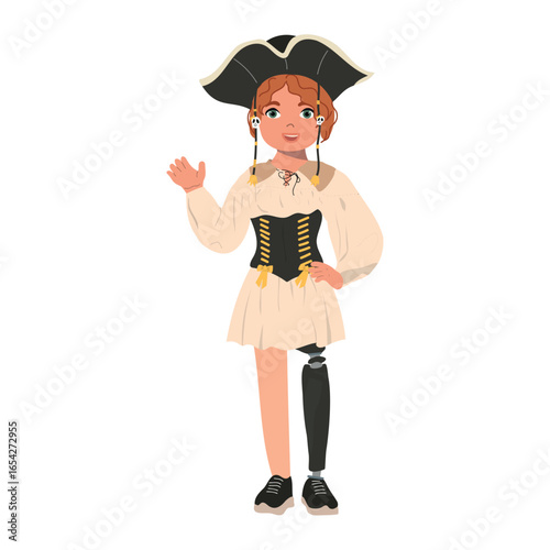 Halloween child in pirate costume with prosthetic leg. Kids costume party. Cute childish vector illustration in simple cartoon hand drawn style. 