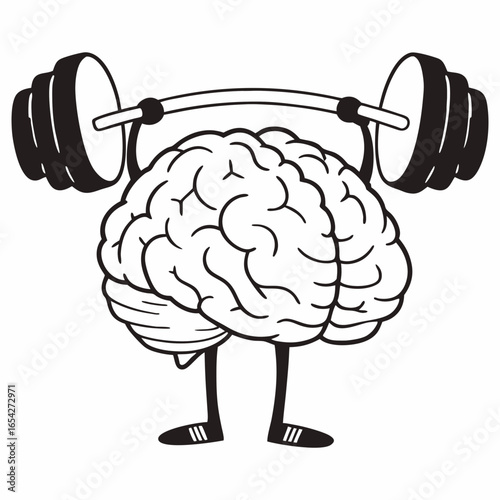 A cartoon brain lifting a barbell with weights on its shoulders standing on legs with shoes on feet "svg"
