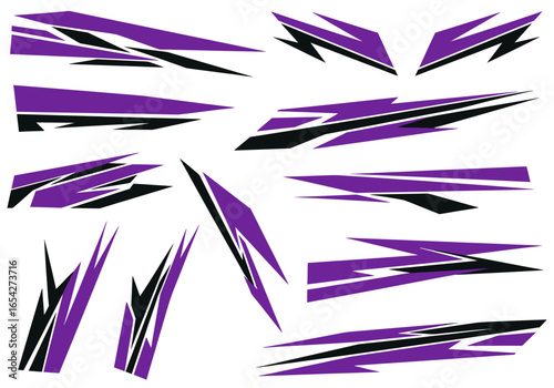 Set of abstract racing stripes and graphic elements in purple and black for vehicle decoration