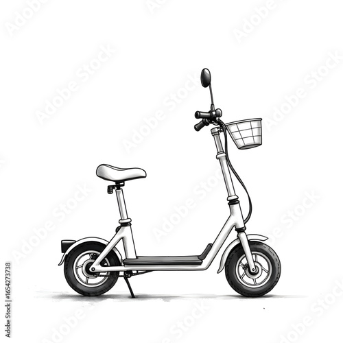Urban Mobility: A sleek, eco-friendly e-scooter, epitomizing modern city transport and sustainable living. Designed with practicality and style, it awaits to start a journey.