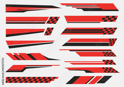 Dynamic racing stripe graphics kit. Collection of abstract vector decals and checkered flag designs for vehicle customization.
