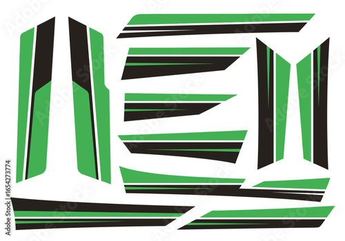 Sporty racing stripe decal kit with green and black vinyl graphics for vehicle customization and wrap design