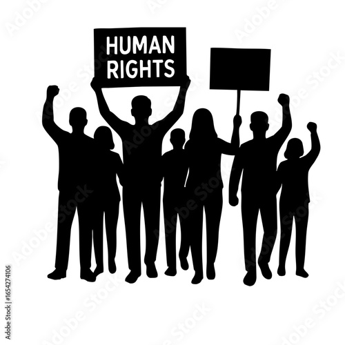 Group of protesters holding signs and raising fists for human rights  
