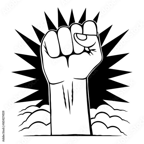 Raised fist symbolizing strength and resistance with burst background  