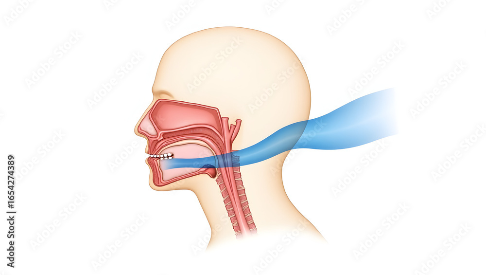 Fototapeta premium Anatomy & Physiology A sagittal diagram of oral cavity to trachea, isolated on white, showing airflow pathway for sleep apnea and snoring education