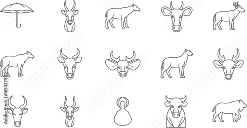 Collection of cow and umbrella sketches, featuring various breeds and poses, perfect for farmthemed designs and illustrations