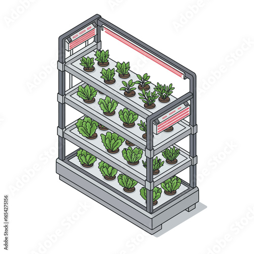 Isometric illustration of a vertical farming system with plants growing on multiple shelves under artificial lights.