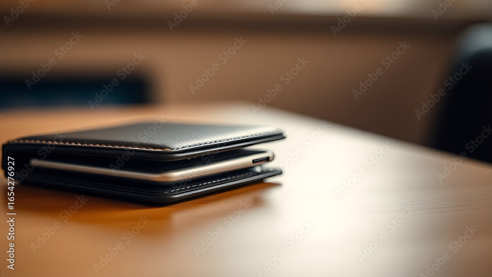 A sleek wallet lies on a wooden surface, highlighted by warm ambient lighting in a minimalist setting. A sleek wallet lies on a wooden surface, highlighted by warm ambient lighting in a minimalist setting.