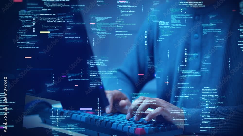 A developer types on a computer with glowing code and binary symbols overlay, symbolizing programming, software development, cybersecurity, and digital technology.