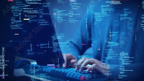 A developer types on a computer with glowing code and binary symbols overlay, symbolizing programming, software development, cybersecurity, and digital technology.