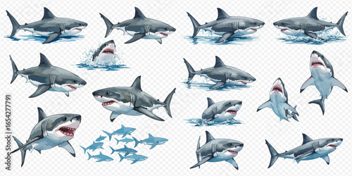 A collection of great white shark illustrations in various dynamic poses, swimming, breaching, and hunting.
