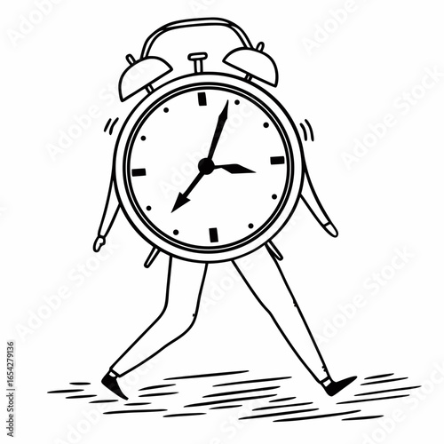 Illustration of a walking alarm clock with arms and legs on a white background in black and white "svg"