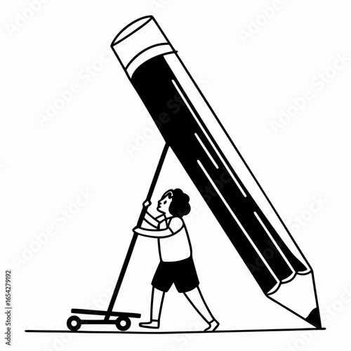 A person pushing a giant pencil on a wheeled platform in a black and white line drawing style image "svg"