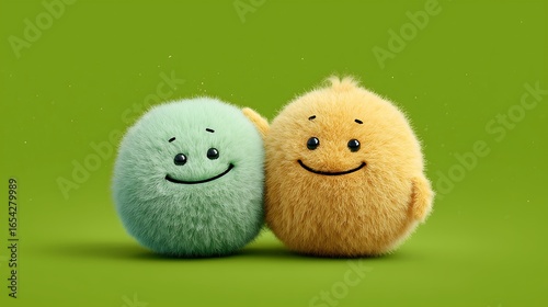 Fluffy green and yellow creatures friendship