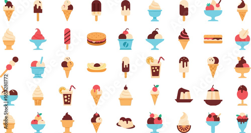 A collection of various ice cream treats and desserts on a light background