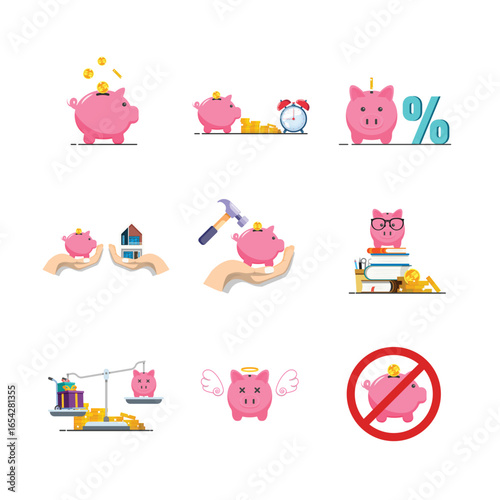 Piggy bank money saving finance illustration set investment budget economy debt and spending concept vector